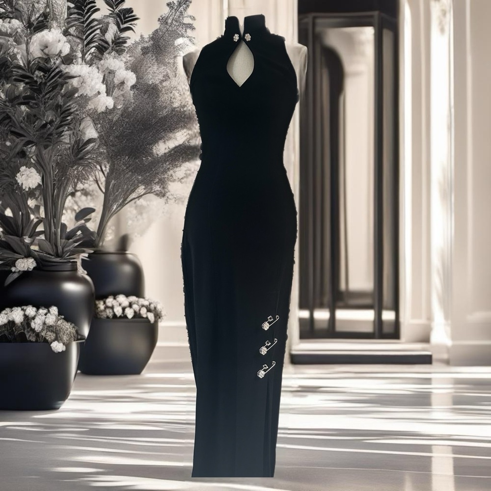 Cache Embellished Black Knit Long Dress (Pins) Size XS